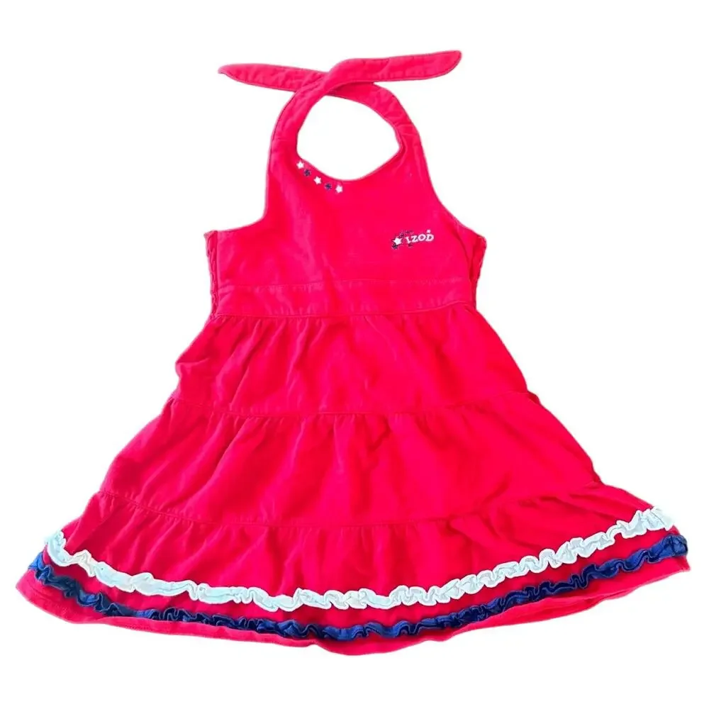 IZOD Halter Dress Toddler‎ Girls 24M Red Tiered Ruffle Star Embroidered July 4th
